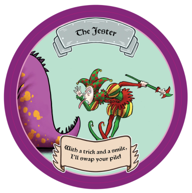 Jester Using his mischievous and trickers, this character will allow you to swap your kingdom (pile of cards) for someone else's.